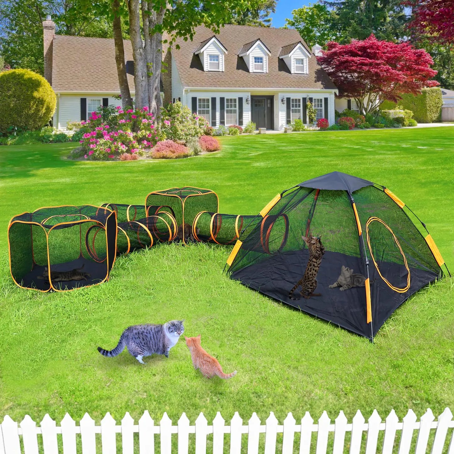 Lucky Monet 6-in-1 Outdoor Cat Enclosures for Indoor Cats Portable Mesh Cat Tents and Tunnel for Outside Enclosed Pet Outdoor Playhouse Playpen with Tunnels for Cats Rabbits Ferrets Puppy
