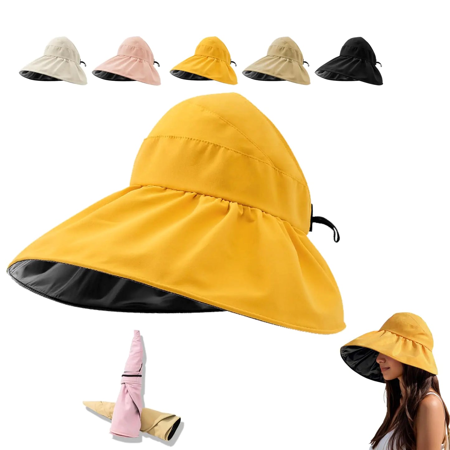 Outdoor UV Protection Hollow Top Sun Hat Foldable Wide Brim Sun Hats Women with Ponytail Hole Adjustable Sun Protection Hat (US Alpha One Size Yellow)