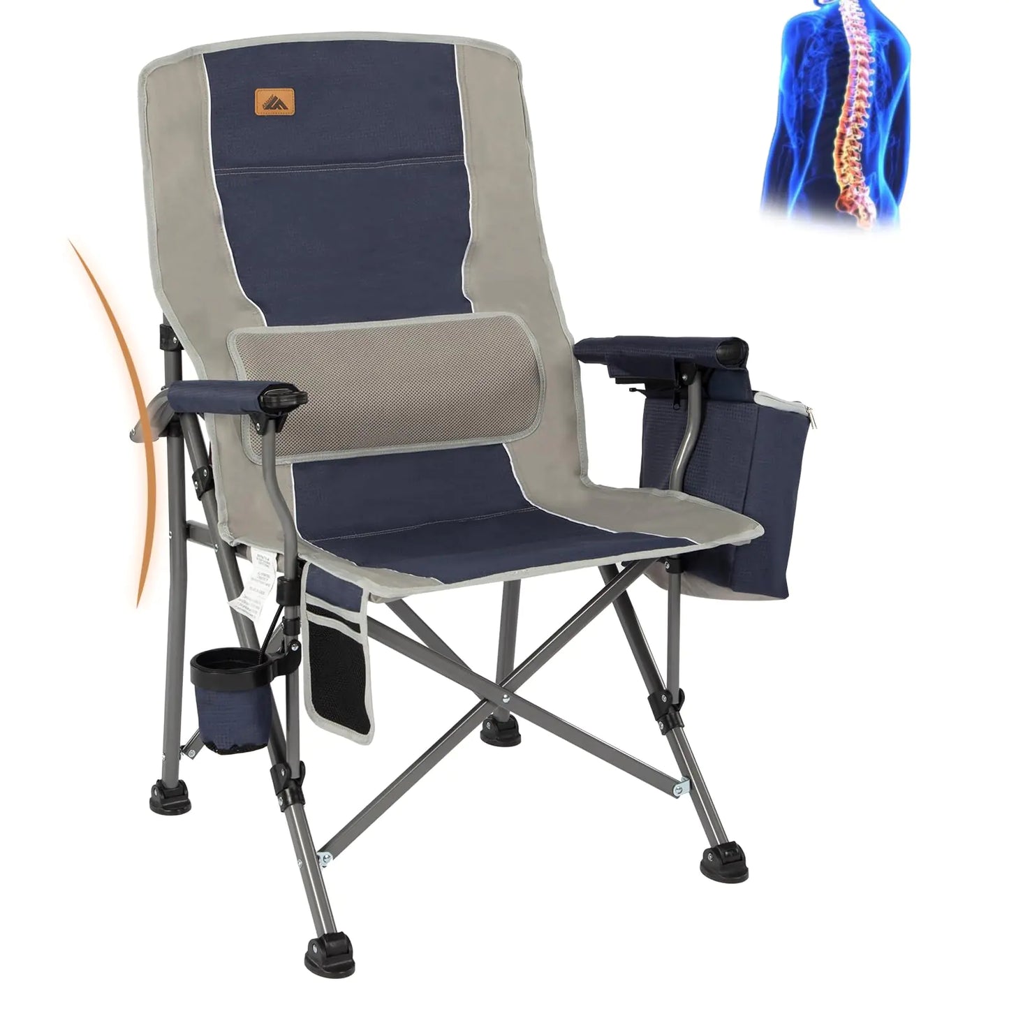 Ablazer Camping Chairs with Lumbar Support Comfy Camping Chairs for Adults Lawn Chairs Heavy Duty with Cooler Bag & Cup Holder Support 350 LBS (Blue & Grey)