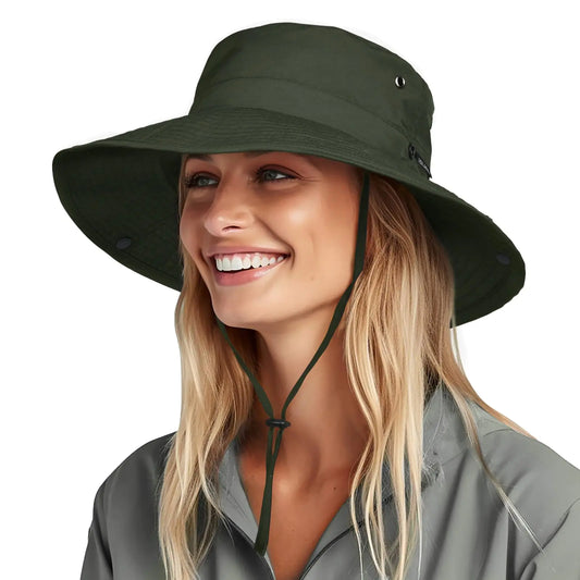FURTALK Sun Hats for Women Ponytail UV Protection Summer Hat Wide Brim Packable UPF50 Cowboy Hat Hiking Fishing Hats Army Green