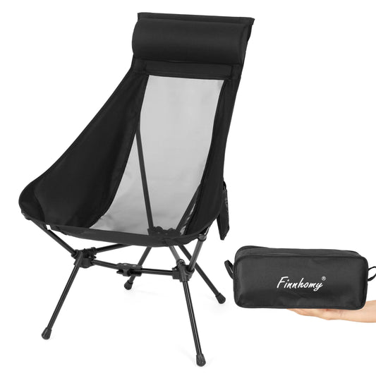 Finnhomy High Back Camping Chair with Head Support Portable Camping Chairs for Adults Compact Lawn Chairs Foldable Camp Chair with Carry Bag for Hiking Fishing Beach and Backpacking(Black)