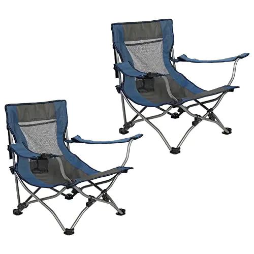 REDCAMP Low Beach Chairs with Adjustable Backrest and Cup Holder Portable Camping Chairs with Adjustable Armrest Low Lawn Chairs for Outdoor BBQ Travel Picnic Navy 2 Pack