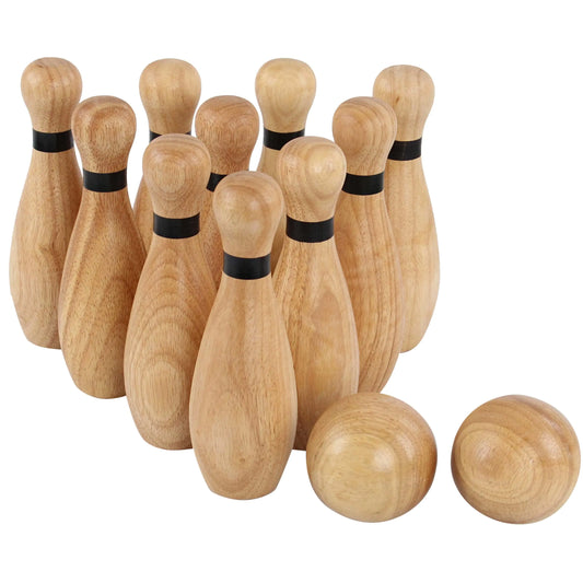 Get Out! Wooden Bowling Set - 12pc Lawn Bowling and Skittle Ball Games for Children and Adult Fun