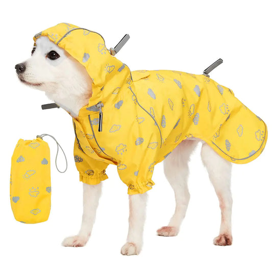 Blueberry Pet 10" Reflective Cloud Prints Lightweight Waterproof Dog Raincoat with Hood & Harness Hole Sunflower Yellow Outdoor Rain Gear Jacket 2 Legs for Small Dogs