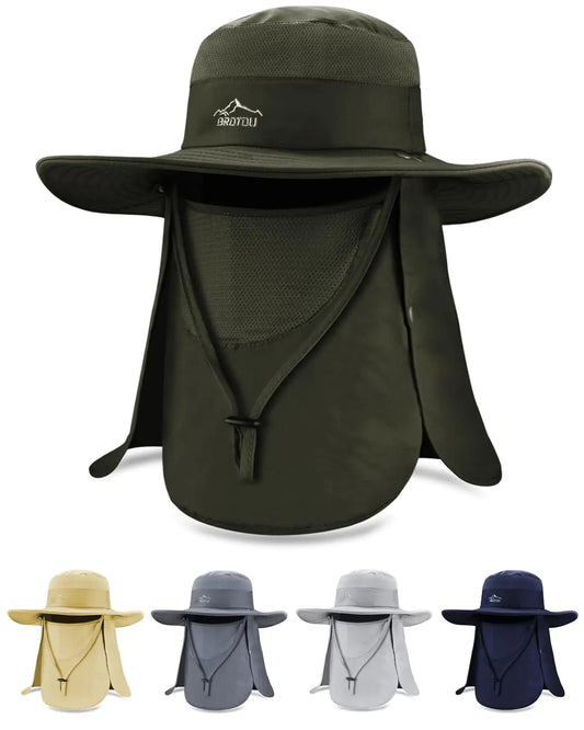 BROTOU Sun Cap Fishing Hats UPF 50+ Wide Brim Outdoor Protection Hat Sun Hat with Face & Neck Flap Cover for Men and Women (Army Green)