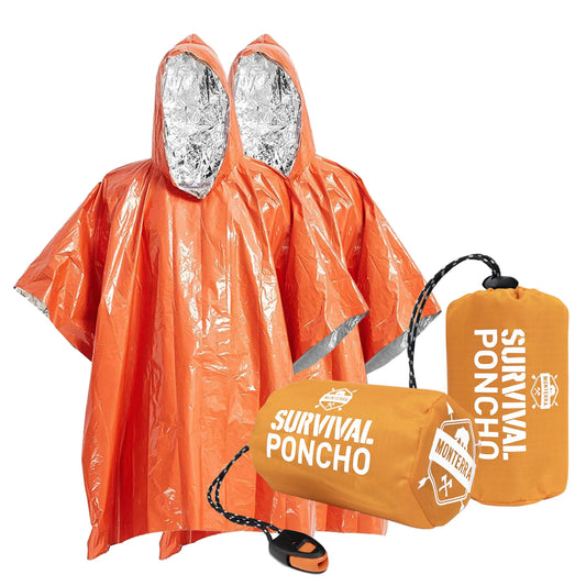 Monterra Emergency Survival Poncho. 2 Thermal Mylar Space Blanket Rain Ponchos. Camping Accessories Outdoor Survival Gear and Equipment EDC. (Orange)