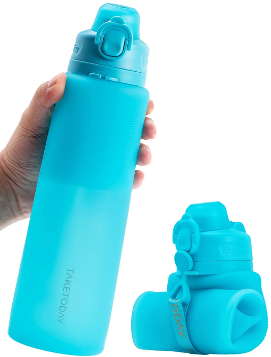 TakeToday Collapsible Water Bottles 32oz Foldable Travel Water Bottle with Strap BPA Free Silicone Water Bottle Leakproof for Hiking International Travel Outdoors (Blue)